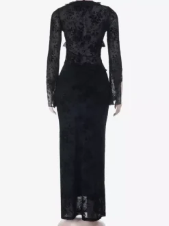 Ensemble 2 pièces pour femme à imprimé floral noir floqué - Haut à manches évasées et n艙ud sur le devant jupe longue - Style gothique en résille transparente idéal pour les soirées 2026