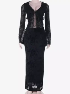Ensemble 2 pièces pour femme à imprimé floral noir floqué - Haut à manches évasées et n艙ud sur le devant jupe longue - Style gothique en résille transparente idéal pour les soirées 2026