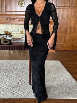 Ensemble 2 pièces pour femme à imprimé floral noir floqué - Haut à manches évasées et n艙ud sur le devant jupe longue - Style gothique en résille transparente idéal pour les soirées 2026