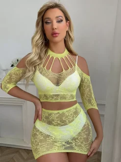 Ensemble pyjama noir en nylon transparent 2 pièces lingerie en maille résille transparente
