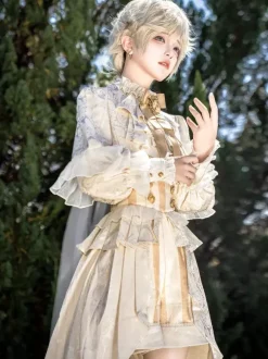 Ensemble robe Lolita Ouji Prince blanche à volants et dentelle manches longues