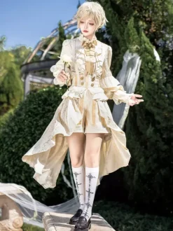 Ensemble robe Lolita Ouji Prince blanche à volants et dentelle manches longues