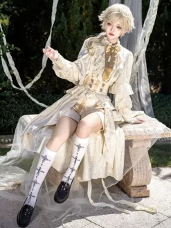 Ensemble robe Lolita Ouji Prince blanche à volants et dentelle manches longues