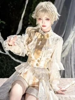Ensemble robe Lolita Ouji Prince blanche à volants et dentelle manches longues