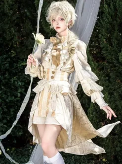 Ensemble robe Lolita Ouji Prince blanche à volants et dentelle manches longues