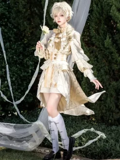 Ensemble robe Lolita Ouji Prince blanche à volants et dentelle manches longues