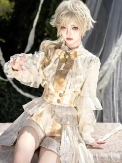 Ensemble robe Lolita Ouji Prince blanche à volants et dentelle manches longues