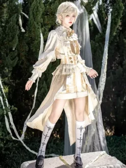 Ensemble robe Lolita Ouji Prince blanche à volants et dentelle manches longues