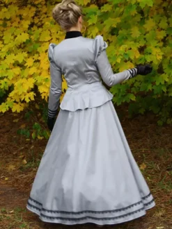 Ensemble Robe 18ème siècle Femme Gris Perle Deux Pièces Haut à Manches Longues et Jupe Longue Style Victorian Cérémonie