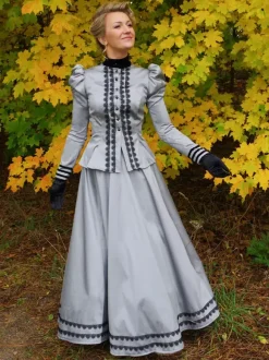 Ensemble Robe 18ème siècle Femme Gris Perle Deux Pièces Haut à Manches Longues et Jupe Longue Style Victorian Cérémonie