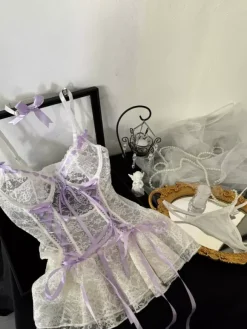 Ensembles 3 pièces de lingerie Babydoll sexy en dentelle blanche bicolore transparente avec n艙ud papillon et culotte.