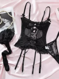 Ensembles 3 pièces de lingerie collants et bas résille noirs à imprimé floral