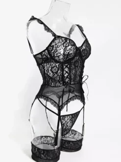 Ensembles 3 pièces sexy en lingerie collants et bas résille noirs à imprimé floral découpé