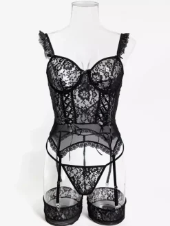 Ensembles 3 pièces sexy en lingerie collants et bas résille noirs à imprimé floral découpé