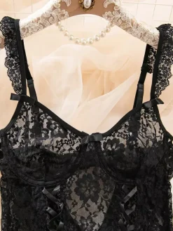Ensembles 3 pièces sexy en lingerie collants et bas résille noirs à imprimé floral découpé