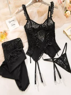 Ensembles 3 pièces sexy en lingerie collants et bas résille noirs à imprimé floral découpé
