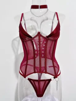 Ensembles de corsets et pantalons bordeaux en polyester dos nu à lacets ensembles de lingerie sexy d'intérieur