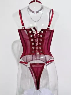 Ensembles de corsets et pantalons bordeaux en polyester dos nu à lacets ensembles de lingerie sexy d'intérieur