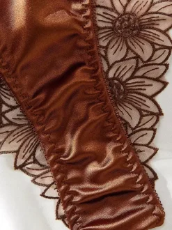 Ensembles de lingerie 2 pièces : soutien-gorge et culotte en dentelle transparente marron et résille transparente.