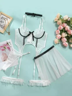Ensembles de lingerie de mariée pyjamas n艙uds blancs lingerie d'intérieur transparente 5 pièces