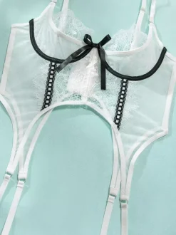 Ensembles de lingerie de mariée pyjamas n艙uds blancs lingerie d'intérieur transparente 5 pièces