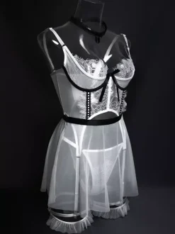 Ensembles de lingerie de mariée pyjamas n艙uds blancs lingerie d'intérieur transparente 5 pièces