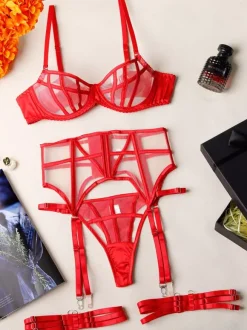 Ensembles de lingerie en dentelle noire à bretelles soutien-gorge cage culotte et porte-jarretelles