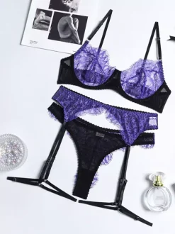 Ensembles de lingerie violets et noirs en dentelle contrastée soutien-gorge à armatures et porte-jarretelles