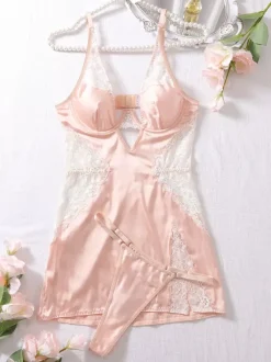 Ensembles de pyjama en dentelle champagne Lingerie d'intérieur en polyester