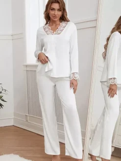 Ensembles de pyjama Lingerie d'intérieur en dentelle bicolore rose soyeuse