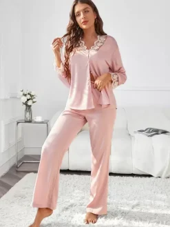 Ensembles de pyjama Lingerie d'intérieur en dentelle bicolore rose soyeuse