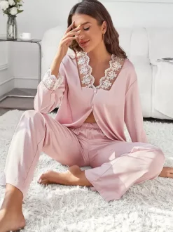 Ensembles de pyjama Lingerie d'intérieur en dentelle bicolore rose soyeuse