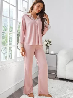 Ensembles de pyjama Lingerie d'intérieur en dentelle bicolore rose soyeuse
