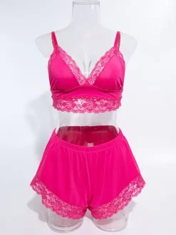Ensembles De Pyjama Lingerie D'intérieur En Dentelle Rose Soutien-Gorge Short