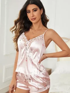 Ensembles de pyjama rose en soie imprimé floral en dentelle transparente lingerie décontractée quotidienne