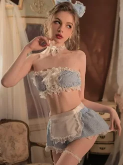 Ensembles de pyjamas bleus en dentelle à carreaux pour l'intérieur lingerie dos nu ensembles 7 pièces