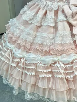 Ensembles de robes Sweet Lolita roses à volants dentelle et n艙uds avec cape