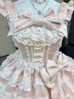 Ensembles de robes Sweet Lolita roses à volants dentelle et n艙uds avec cape