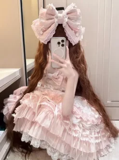 Ensembles de robes Sweet Lolita roses à volants dentelle et n艙uds avec cape