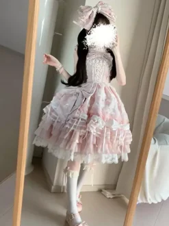 Ensembles de robes Sweet Lolita roses à volants dentelle et n艙uds avec cape