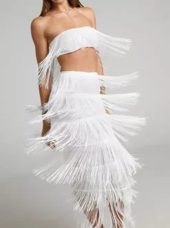 Ensembles de soirée chics sans manches à franges et dos nu
