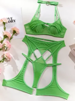 Ensembles de soutien-gorge et culotte en polyester vert herbe découpés lingerie sexy pour adultes