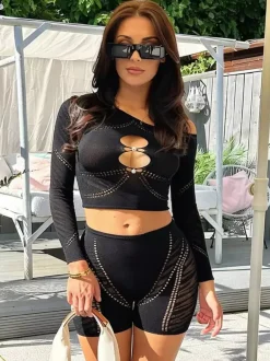 Ensembles de vêtements de club perles manches longues tenues de club sexy