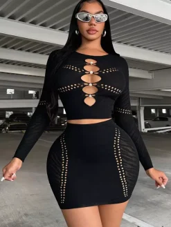 Ensembles de vêtements de club à manches longues découpées tenues de club sexy