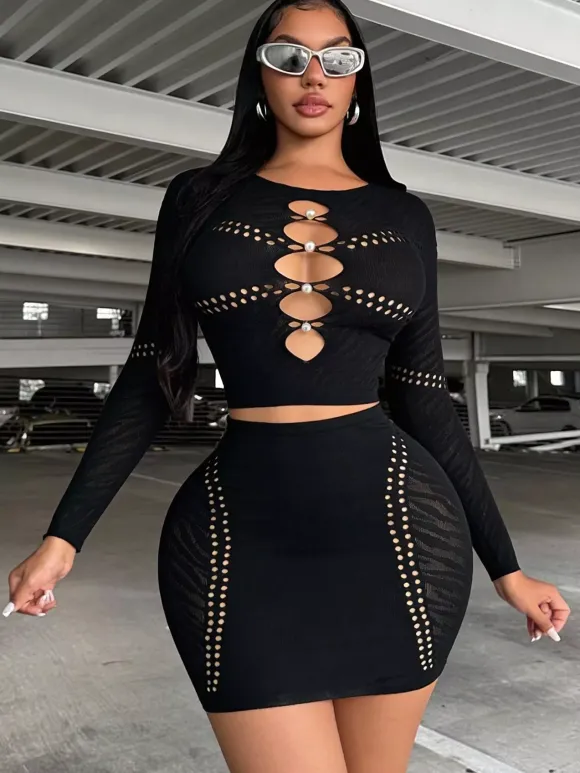 Ensembles de vêtements de club à manches longues découpées tenues de club sexy