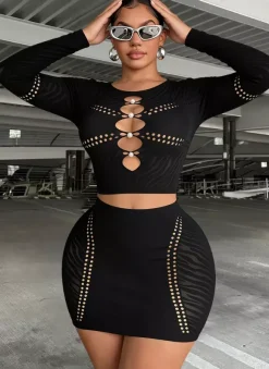Ensembles de vêtements de club à manches longues découpées tenues de club sexy