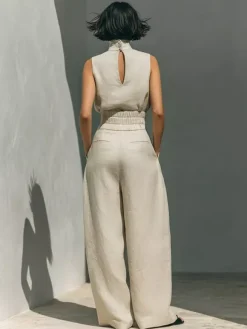 Ensembles deux pièces : pantalon et robe maxi écru blanc à col montant sans manches élégants