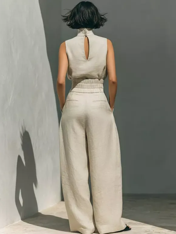 Ensembles deux pièces : pantalon et robe maxi écru blanc à col montant sans manches élégants