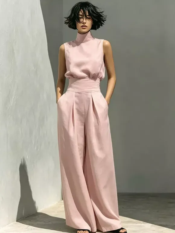 Ensembles deux pièces : pantalon et robe maxi écru blanc à col montant sans manches élégants