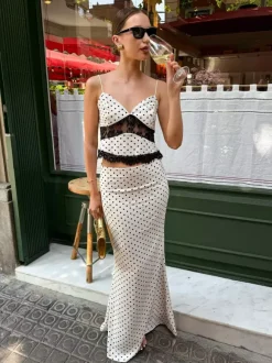 Ensembles deux pièces blancs décontractés à pois en dentelle bretelles col sans manches ensembles d'été